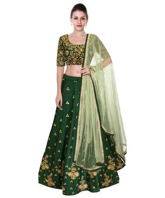 Banglory Satin Embroidered Semi Stiched Green Lehenga Choli 1