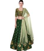 Banglory Satin Embroidered Semi Stiched Green Lehenga Choli