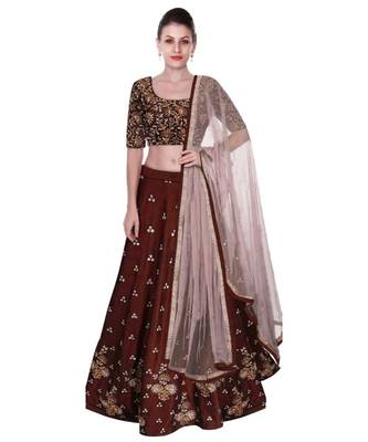 Banglory Satin Embroidered Semi Stiched Marron Lehenga Choli 1