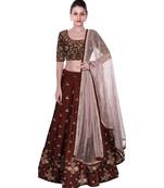 Banglory Satin Embroidered Semi Stiched Marron Lehenga Choli