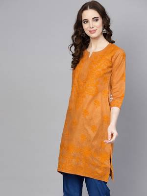 Mustard embroidered jute cotton chikankari-kurtis 3