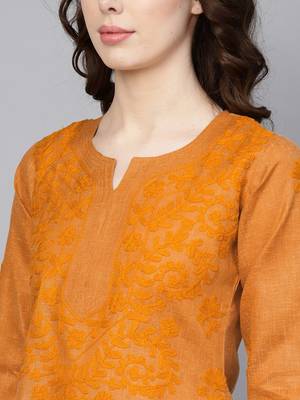Mustard embroidered jute cotton chikankari-kurtis 4