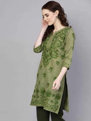 Light green embroidered jute cotton chikankari-kurtis 1