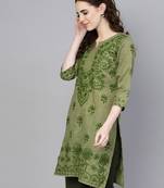 Light green embroidered jute cotton chikankari-kurtis