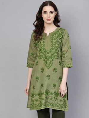 Light green embroidered jute cotton chikankari-kurtis 3