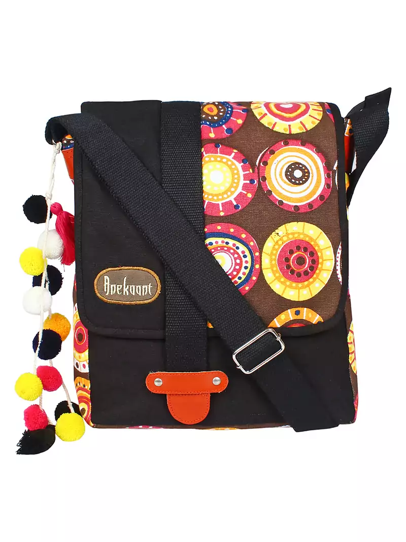 Fancy Black & Multicolour canvas Messenger Bag
