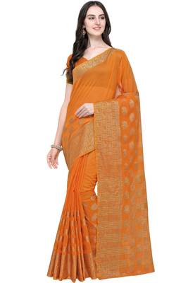Orange woven linen saree with blouse 1