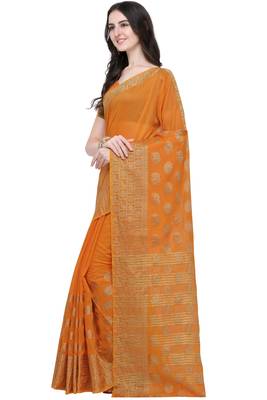 Orange woven linen saree with blouse 3