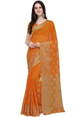 Orange woven linen saree with blouse 1