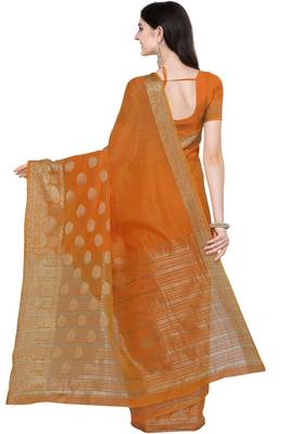 Orange woven linen saree with blouse 2