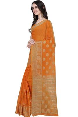 Orange woven linen saree with blouse 3
