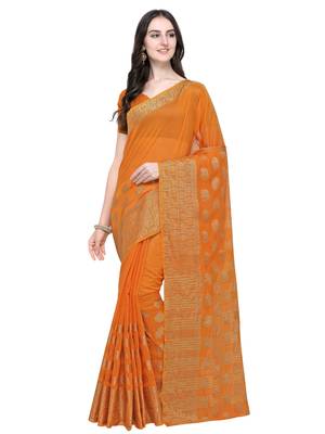 Orange woven linen saree with blouse 4