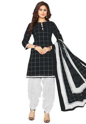 Women's Black & White Cotton Printed Unstitch Dress Material With Dupatta 1