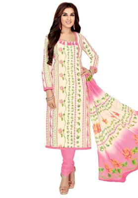 Women's Cream & Light Pink Cotton Printed Unstitch Dress Material With Dupatta 1