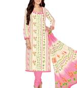 Women's Cream & Light Pink Cotton Printed Unstitch Dress Material With Dupatta