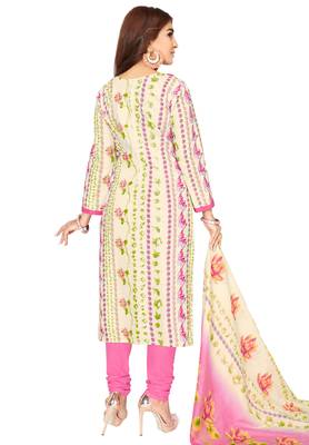 Women's Cream & Light Pink Cotton Printed Unstitch Dress Material With Dupatta 2