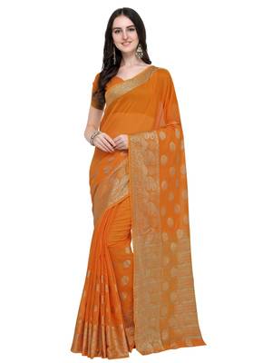Orange woven linen saree with blouse 4
