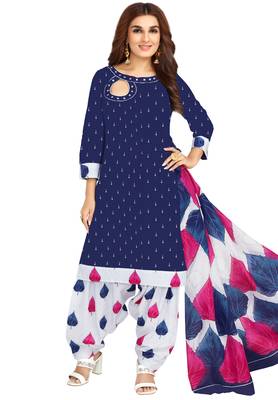 Women's Dark Blue & White Cotton Printed Unstitch Dress Material With Dupatta 1