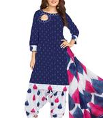 Women's Dark Blue & White Cotton Printed Unstitch Dress Material With Dupatta