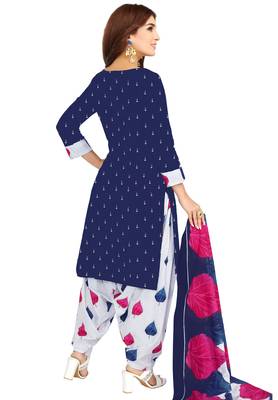Women's Dark Blue & White Cotton Printed Unstitch Dress Material With Dupatta 2