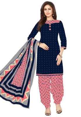Women's Navy Blue & Pink Cotton Printed Unstitch Dress Material With Dupatta 1