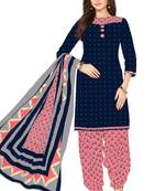 Women's Navy Blue & Pink Cotton Printed Unstitch Dress Material With Dupatta