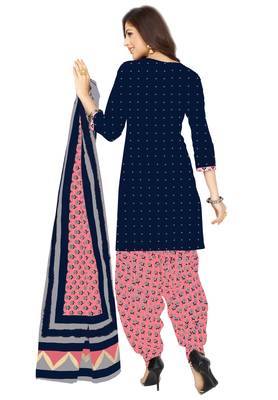 Women's Navy Blue & Pink Cotton Printed Unstitch Dress Material With Dupatta 2