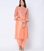 Women's Peach Digital Print Straight Art Silk Kurta