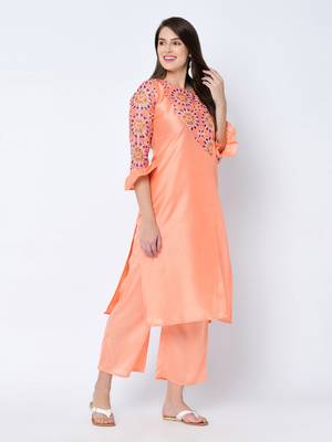 Women's Peach Digital Print Straight Art Silk Kurta 2