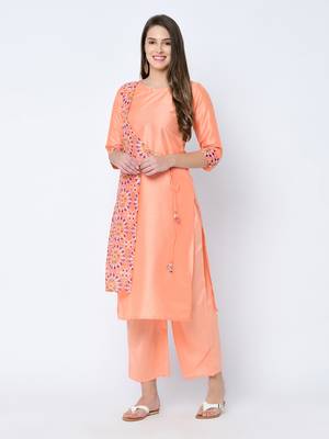 Women's Peach Digital Print Straight Art Silk Kurta 1