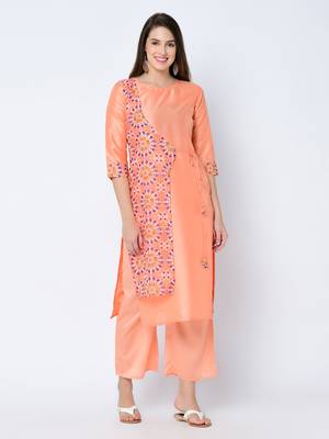 Women's Peach Digital Print Straight Art Silk Kurta 2