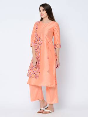 Women's Peach Digital Print Straight Art Silk Kurta 5