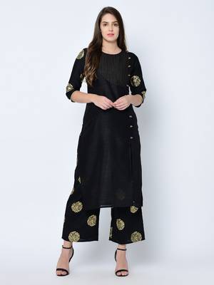 Women's Black Foil Print Straight Art Silk Kurta Palazzo Set 1