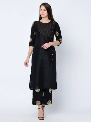 Women's Black Foil Print Straight Art Silk Kurta Palazzo Set 2