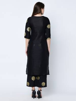 Women's Black Foil Print Straight Art Silk Kurta Palazzo Set 3
