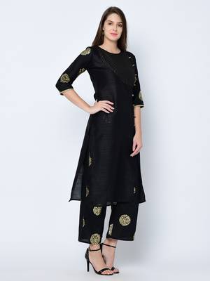 Women's Black Foil Print Straight Art Silk Kurta Palazzo Set 4