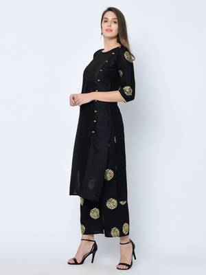 Women's Black Foil Print Straight Art Silk Kurta Palazzo Set 5