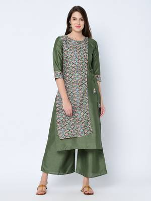 Women's Green Digital Print  Straight Art Silk Kurta Palazzo Set 1