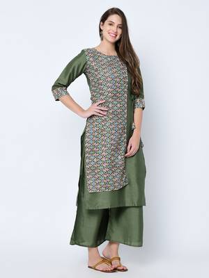 Women's Green Digital Print  Straight Art Silk Kurta Palazzo Set 2