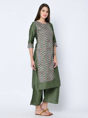 Women's Green Digital Print  Straight Art Silk Kurta Palazzo Set 4