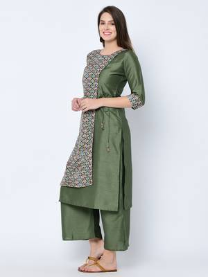 Women's Green Digital Print  Straight Art Silk Kurta Palazzo Set 5