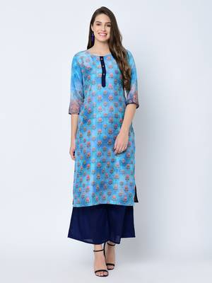 Women's Blue Digital Print  Straight Art Silk Kurta 1