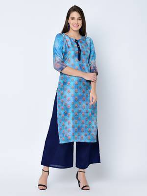 Women's Blue Digital Print  Straight Art Silk Kurta 2