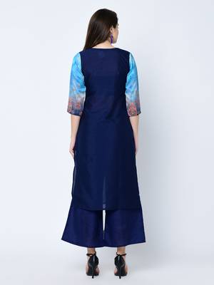 Women's Blue Digital Print  Straight Art Silk Kurta 3