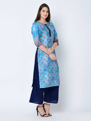 Women's Blue Digital Print  Straight Art Silk Kurta 4