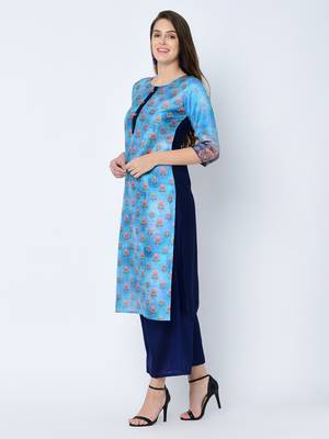Women's Blue Digital Print  Straight Art Silk Kurta 5