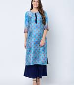 Women's Blue Digital Print  Straight Art Silk Kurta Palazzo Set