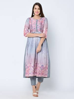 Women's Grey Digital Print A-Line Art Silk Kurta 1