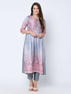 Women's Grey Digital Print A-Line Art Silk Kurta 2