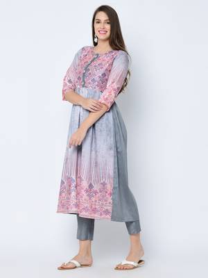 Women's Grey Digital Print A-Line Art Silk Kurta 5
